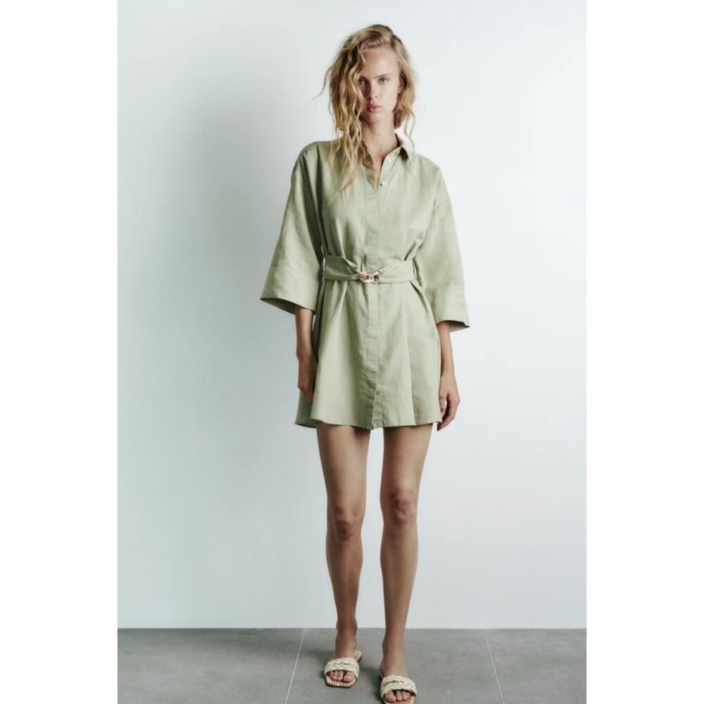 NWT Zara green half sleeve mini dress L bust41 in